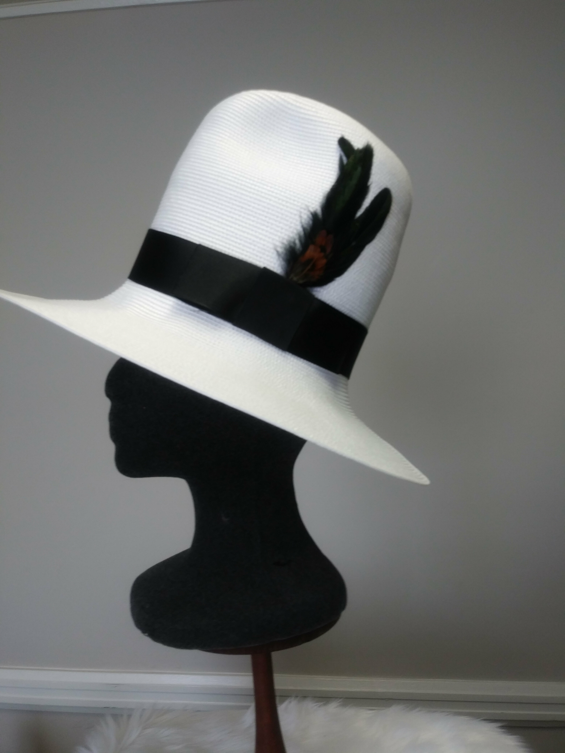 Woman High Crown White Fedora Hat Black Band And Wide Brim